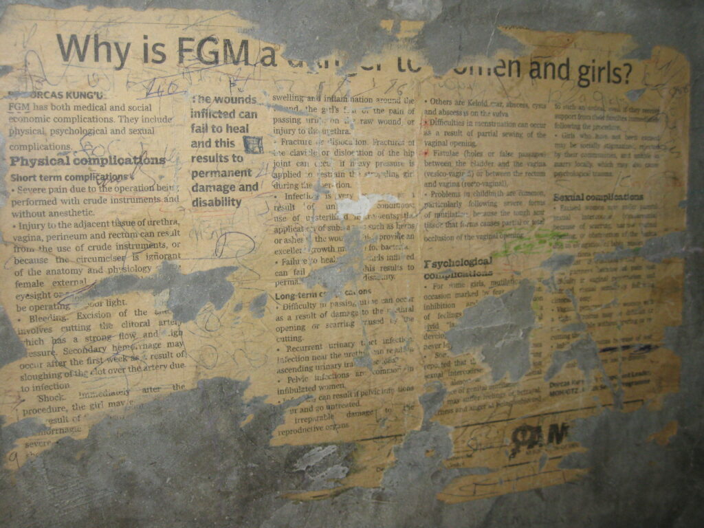 Female Genital Mutilation (FGM) article  posted in classrooms. In 2011 Kenya pass a law that prohibits FGM. 