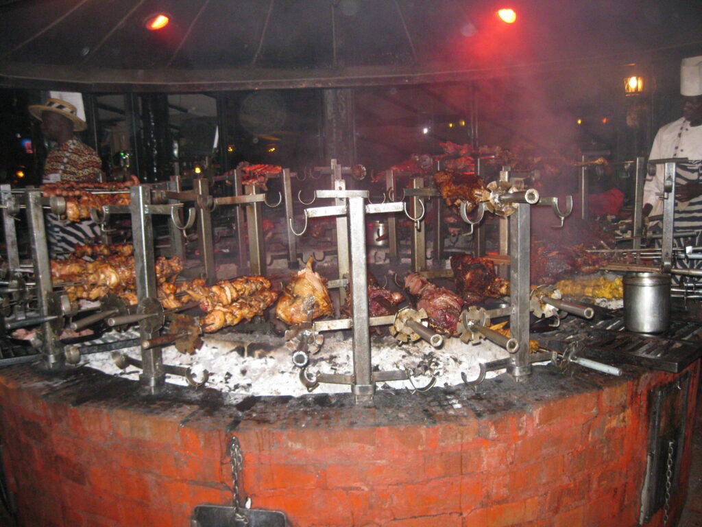 Crocodile, ostrich, beef, pork, lamb and chicken is served